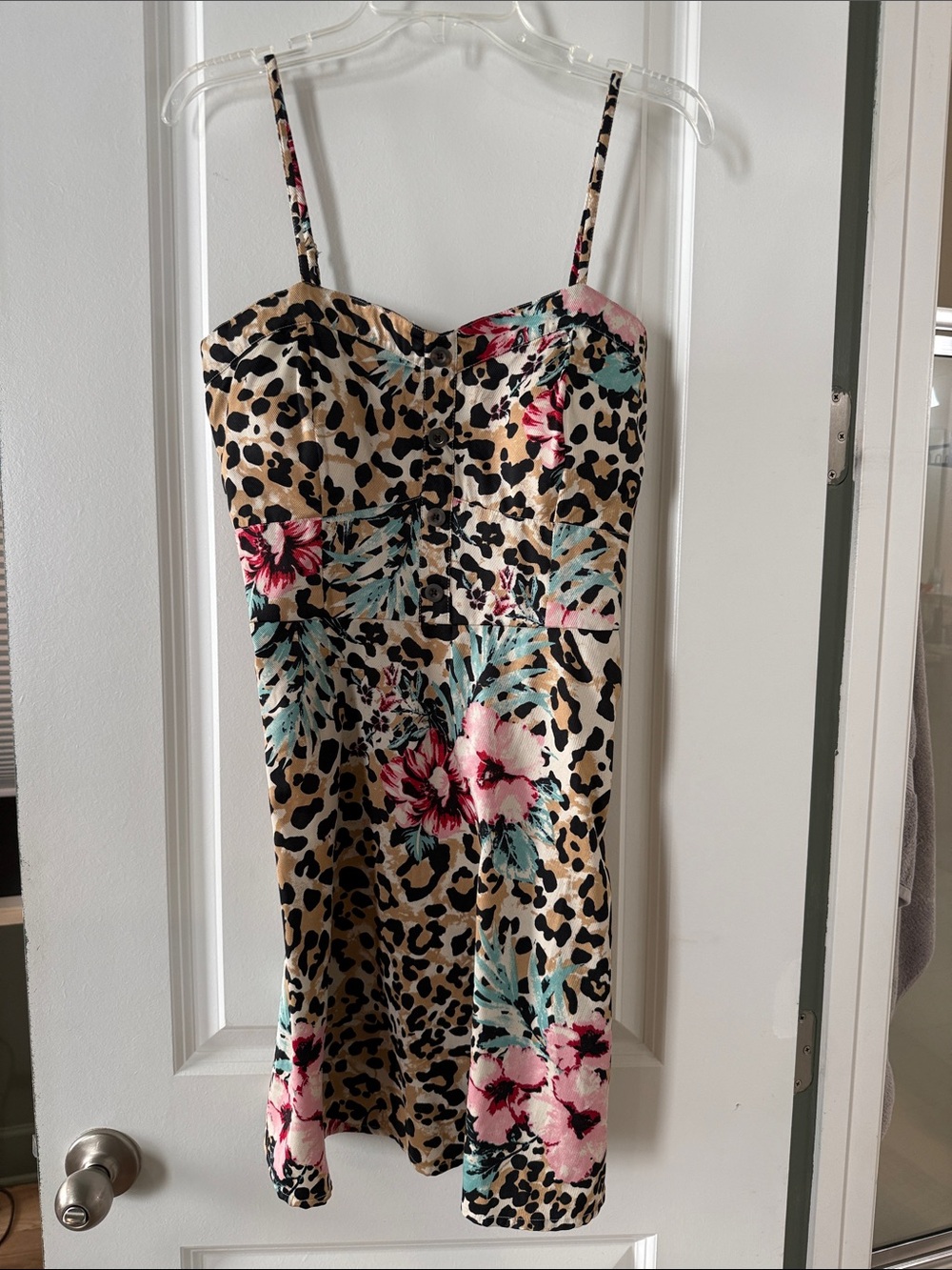 Derek Heart Animal Print Mini Dress with Pink & Teal Floral Accents